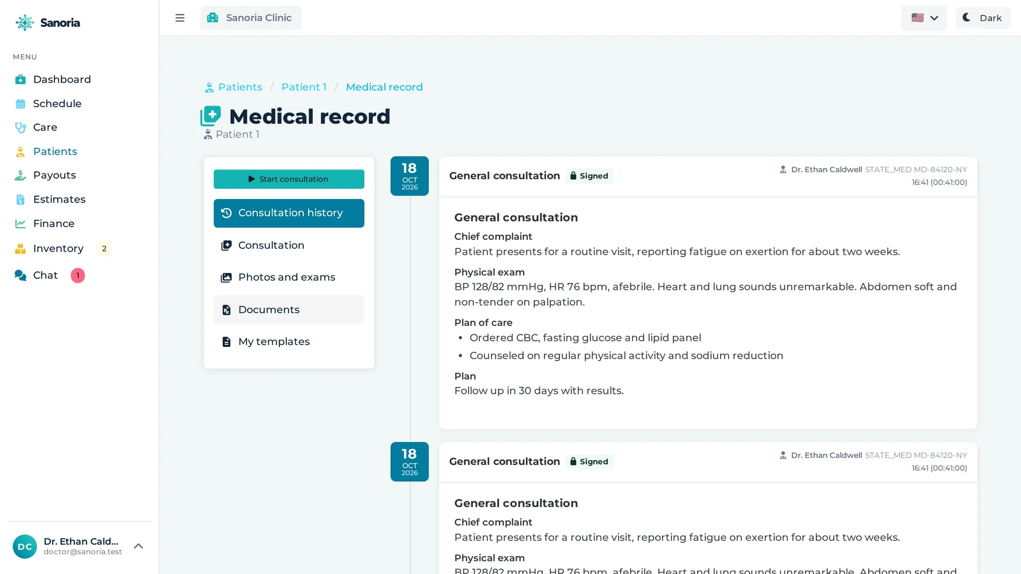 Sanoria electronic chart with the patient’s consultation history