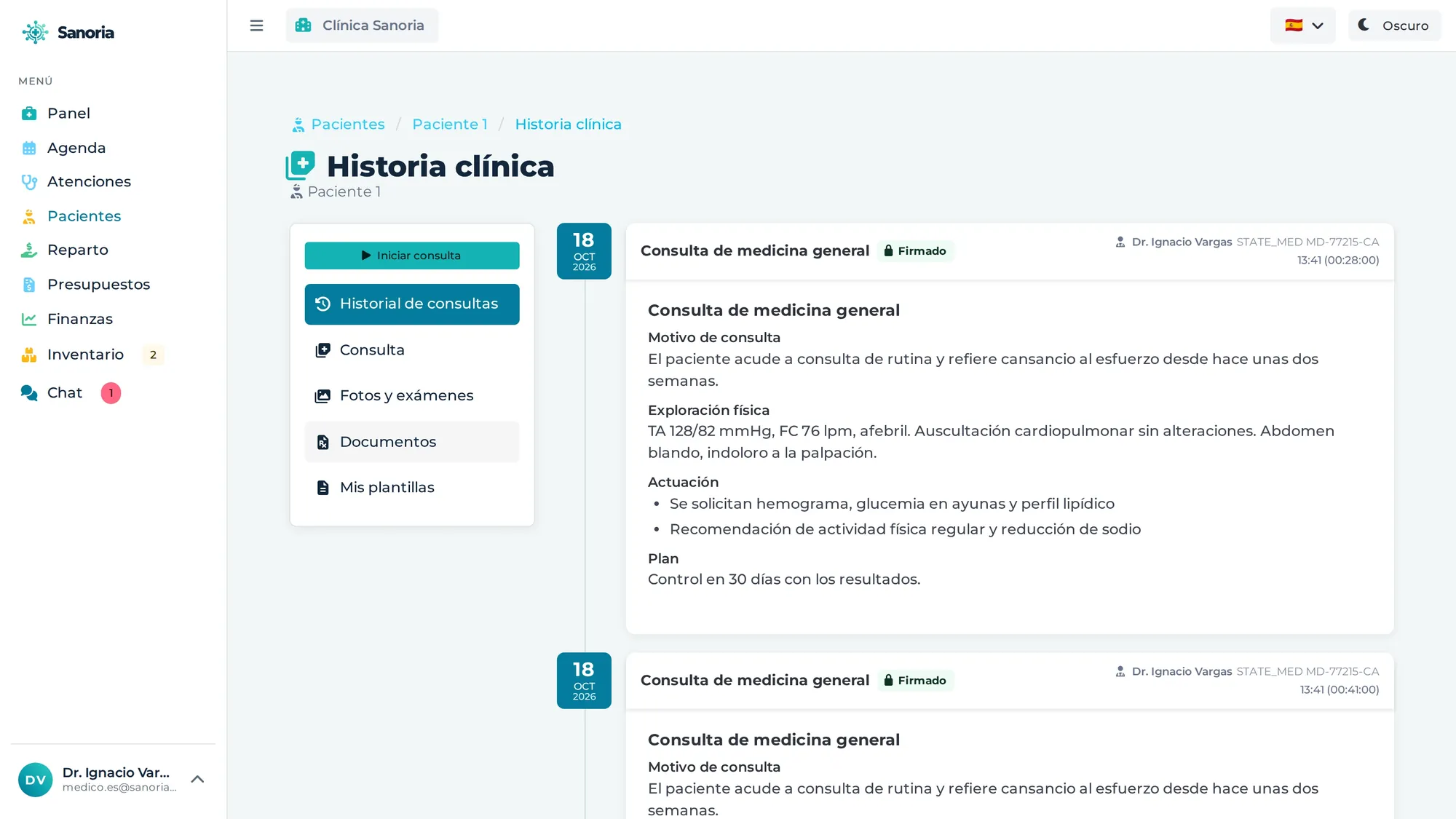 Historia clínica electrónica de Sanoria con el historial del paciente
